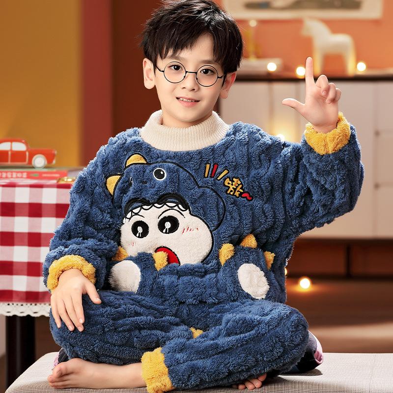 Kids Flannel Pajamas Set Boys Girls Warm Long Sleeve Top And Pants Sleepwear Winter Home Nightwear
