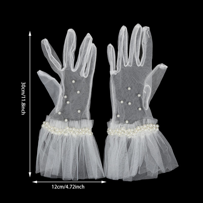 Women Elegant Pleated Edge Pearl Wedding Gloves Bridal Short Tulle Sheer Gloves Proms Costume Occasion Gloves