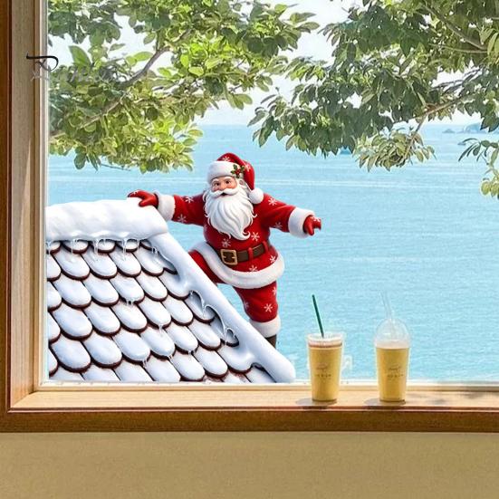Christmas Window Clings Climbing Santa Cling, Roof Claus Static Waterproof Stickers Decal, Reusable Decorative Glass Sticker for Holiday Party Decor