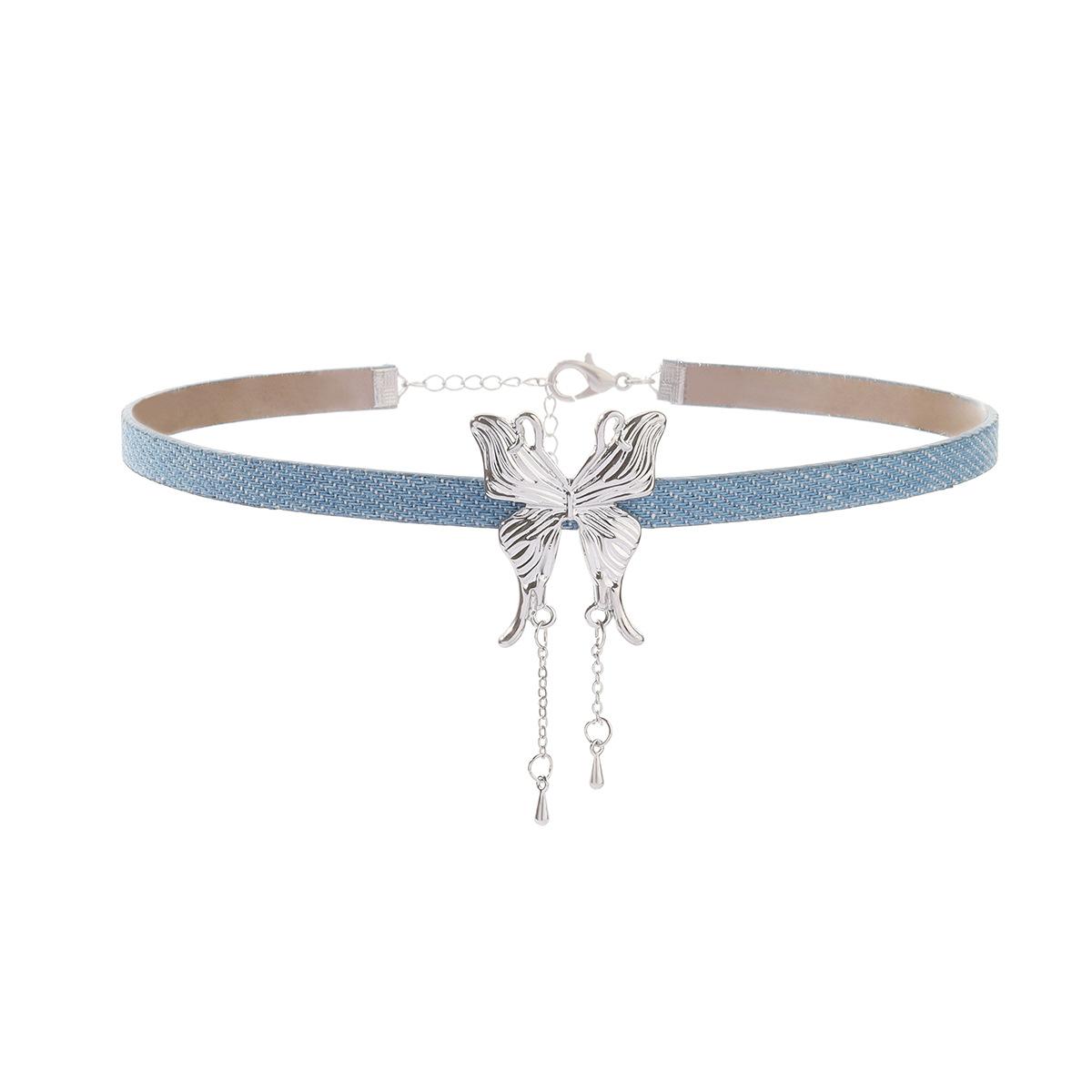 Cold wind denim fabric flower butterfly choker necklace, fashionable fringed collarbone chain