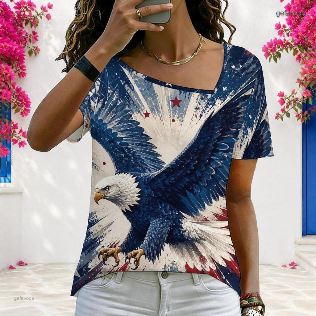 Women Plus Size Asymmetric Neck Short Sleeve Top Colorful Rainbow Heart Vibrant Art Print