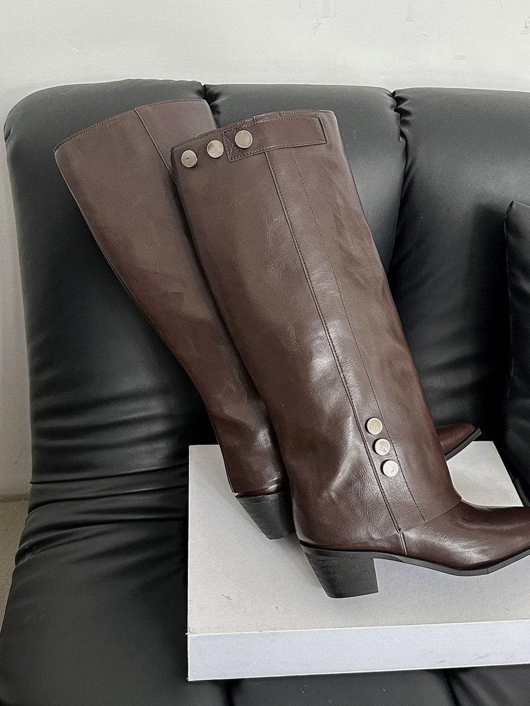 White high-heeled trousers knight boots women's shoes 2025 new spring and autumn winter brown rivets stacked pointed long boots