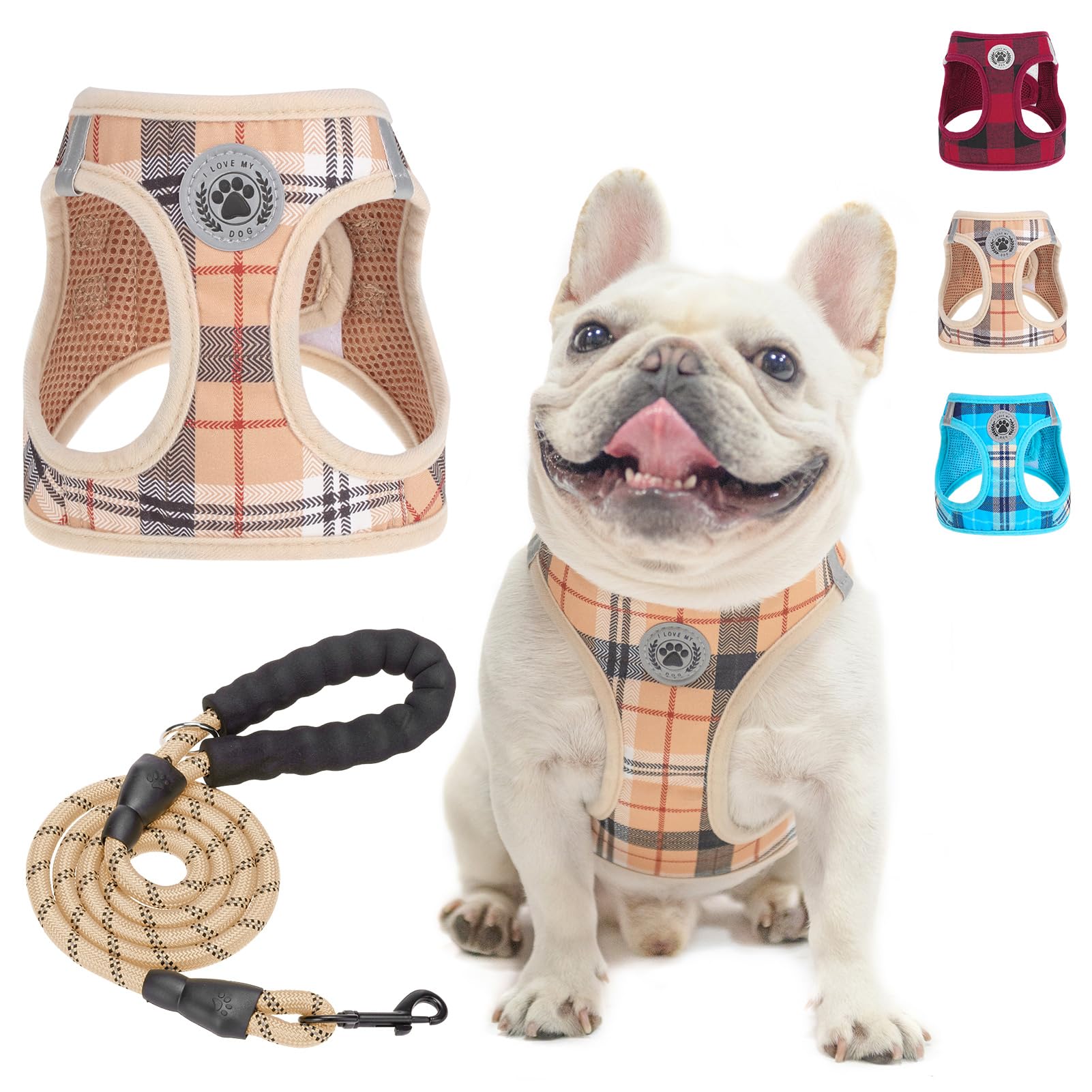 

BEAUTYZOO Шлейка для собаки и поводок Дышащая Светоотражающая Легкая Удобная для прогулок пожилой собаки Клетчатая Стильные товары для питомцев для маленьких и средних собак бежевый