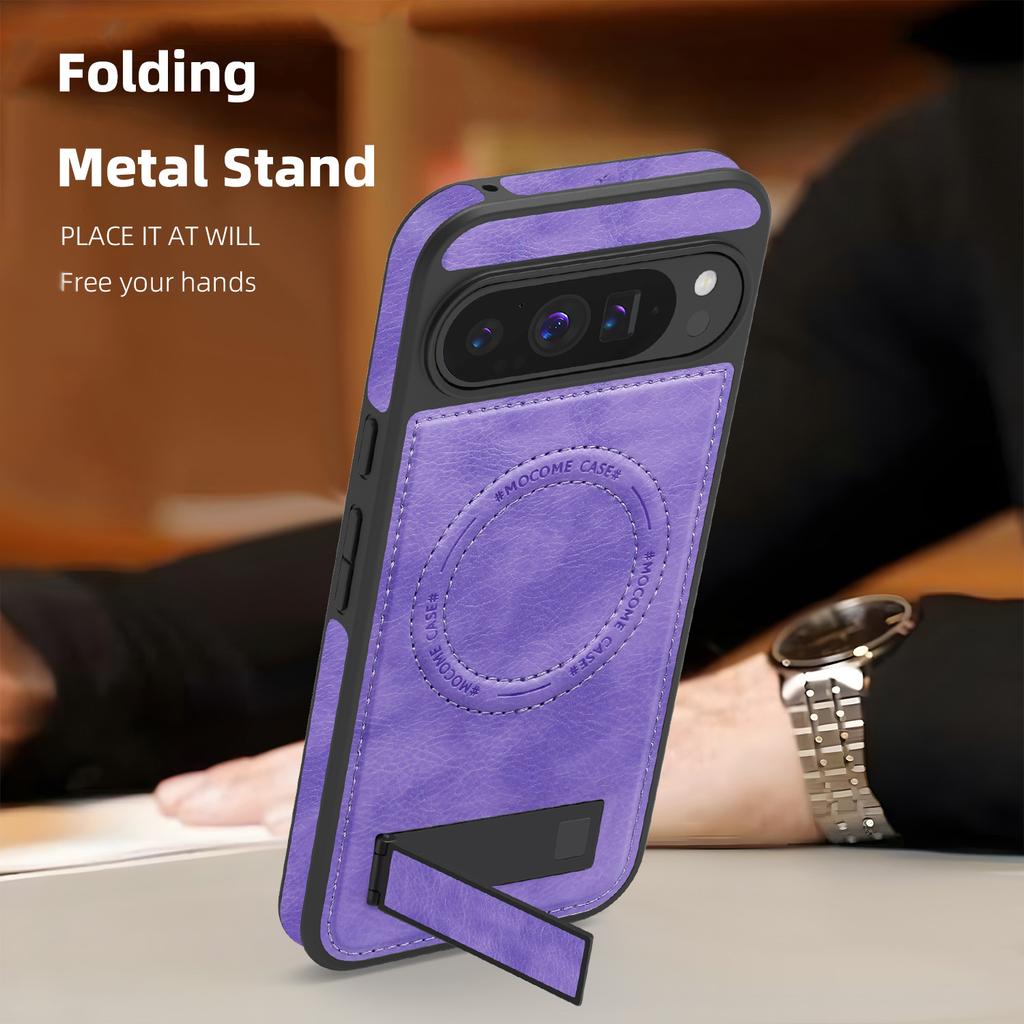 For Google Pixel 9 Pro XL Case Compatible with MagSafe Kickstand Leather Phone Back Cover