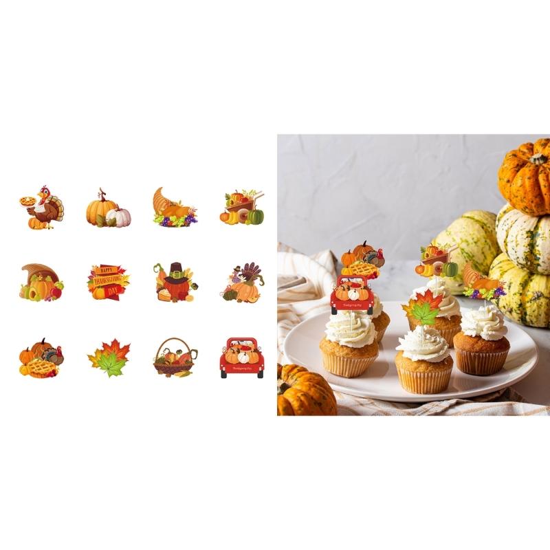 Thanksgiving Cake Inserts, Pack of 12pcs Cake Plug-in and Flag Inserts Turkey Decorations for Holiday Party Gathering