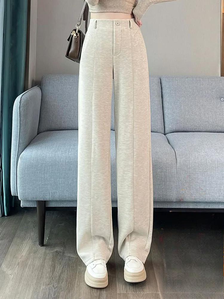 

Толстые свободные брюки с высокой талией, широкие брюки, зимние теплые, однотонные, элегантные, прямые, брюки, офисные, женские, повседневные, спортивные брюки, новые XXXL бежевый