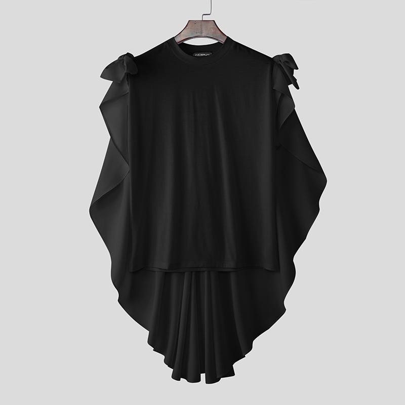 

INCERUN Мужские футболки кэжуал с рукавами «летучая мышь», бантом на плече и имитацией двухслойности 4XL чёрный