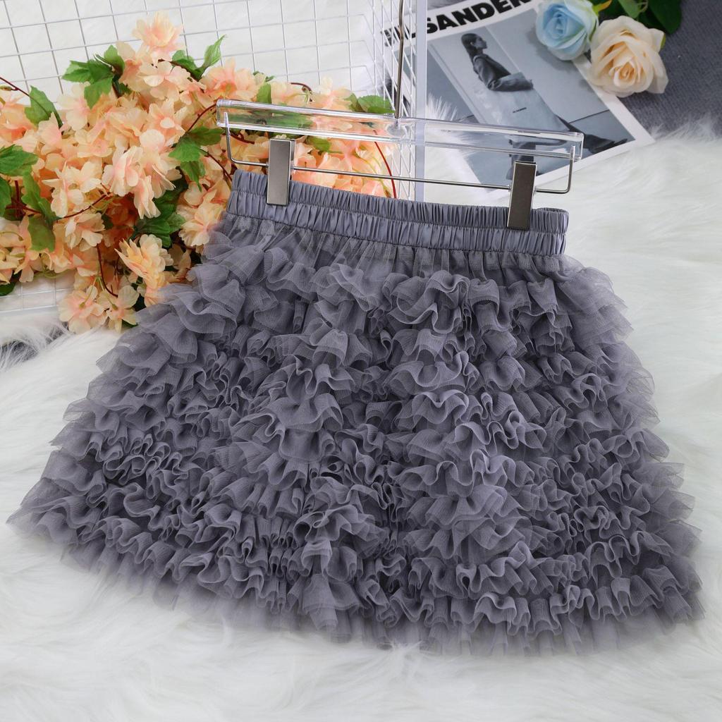 Korean Style Women's High Waist Mesh A-line Puffy Skirt - Autumn 2025