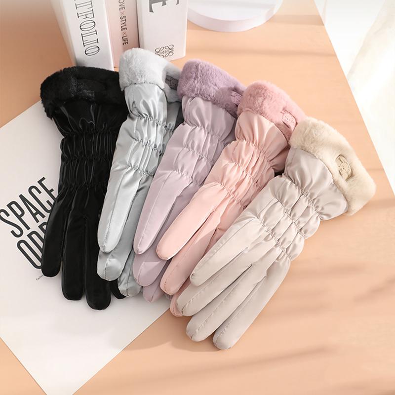 Women Winter Cycling Gloves Thick Plush Windpoof Solid Color Touch Screen Waterproof Warm Anti-slip Cute Embroidery Lady Outdoor Gloves