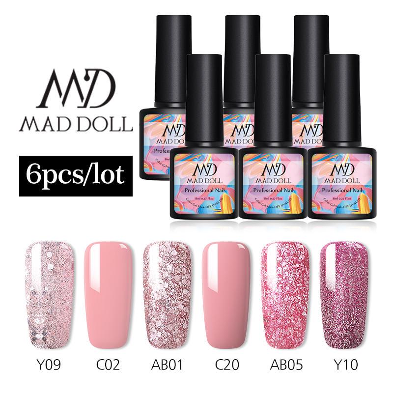 Buy 6 Bottles/Kit Solid Color UV Gel Nail Bling Sequins Soak Off LED