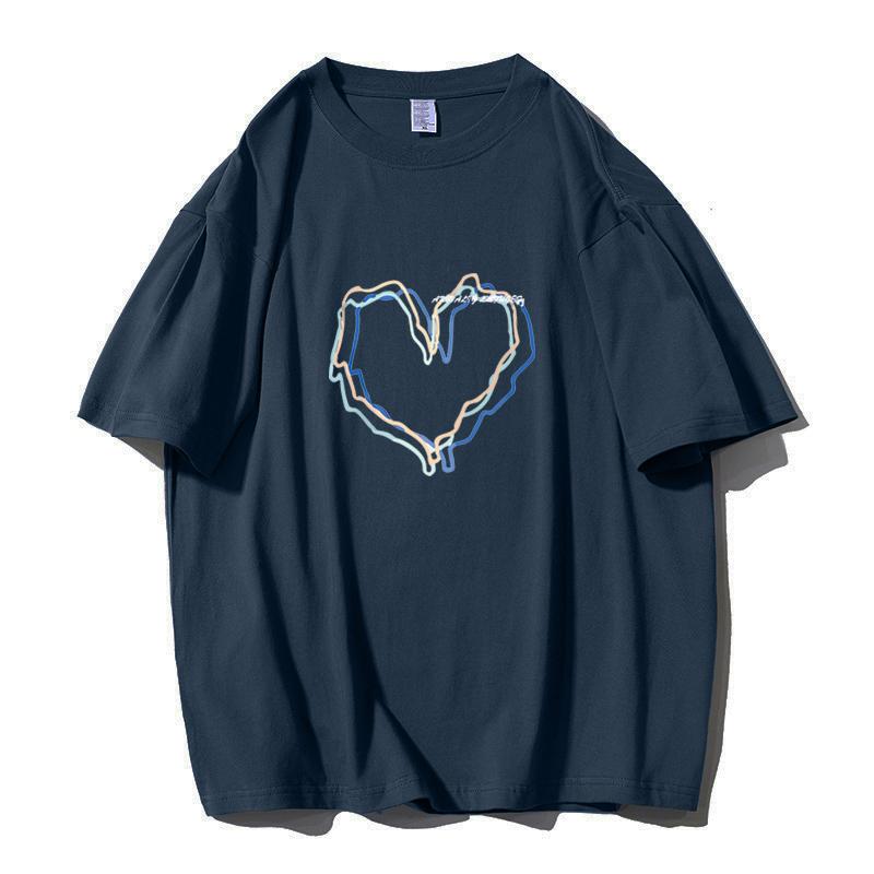 Shellsuning Loose O Neck Cotton Printed Shirts Women Summer Kawaii Heart Graphic Tees Female Casual Short Sleeve Base Black Tops