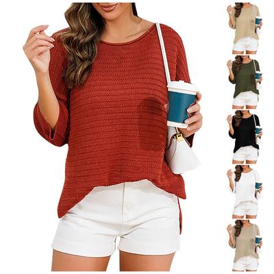 Women's Solid Color Fashionable Wool Round Neck Loose Pullover Sweater T-sleeve Top
