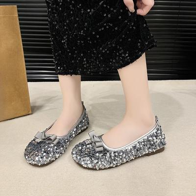 Sequin Cloth Soft Sole Single Shoes Women's Fashion Round Toe Shallow Mouth Bow Non-Slip Wear-Resistant Flats