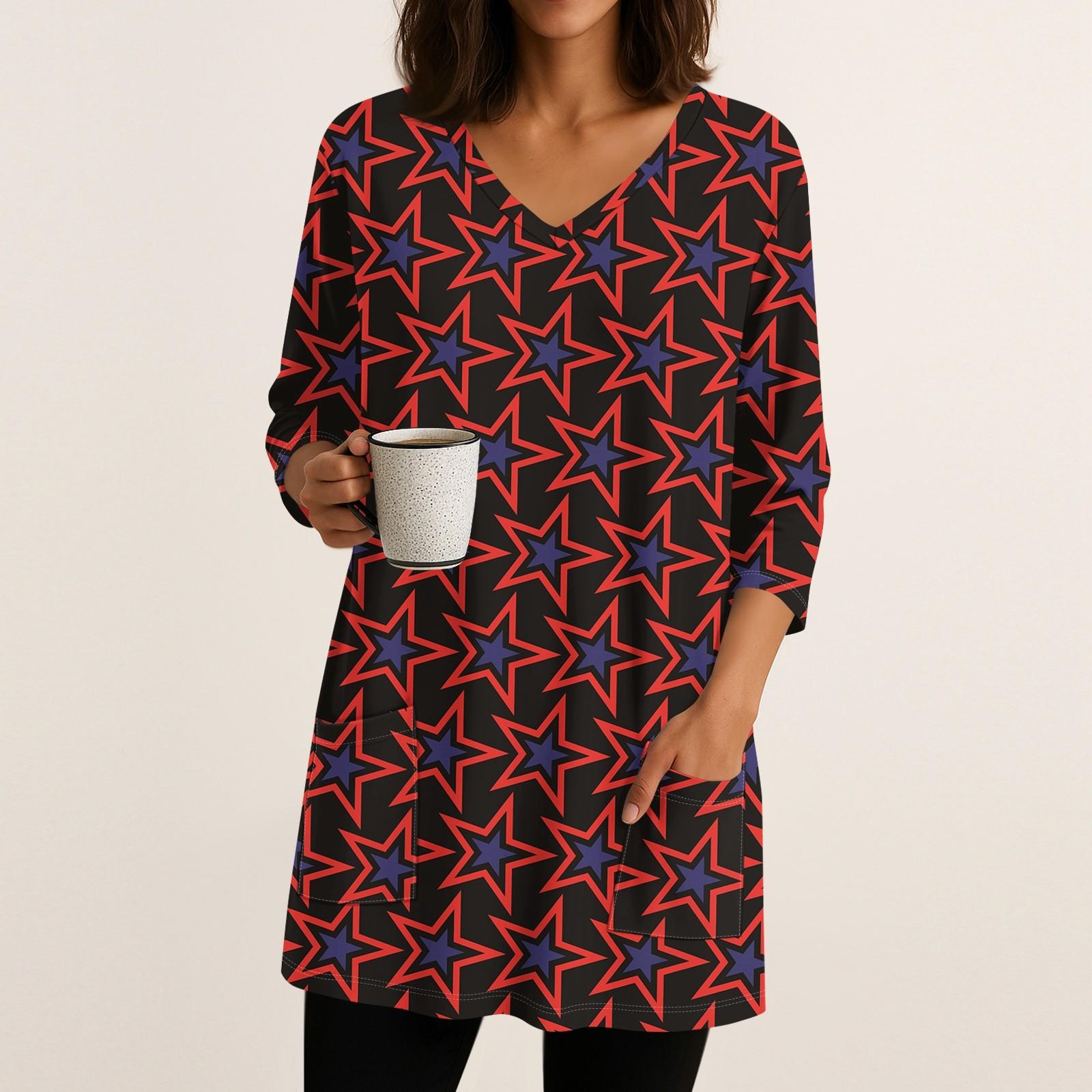 

Женские топы с V-образным вырезом и рукавом 3/4 Блузки Повседневные рубашки средней длины Модные принты Туники Топы с карманами L кофейный