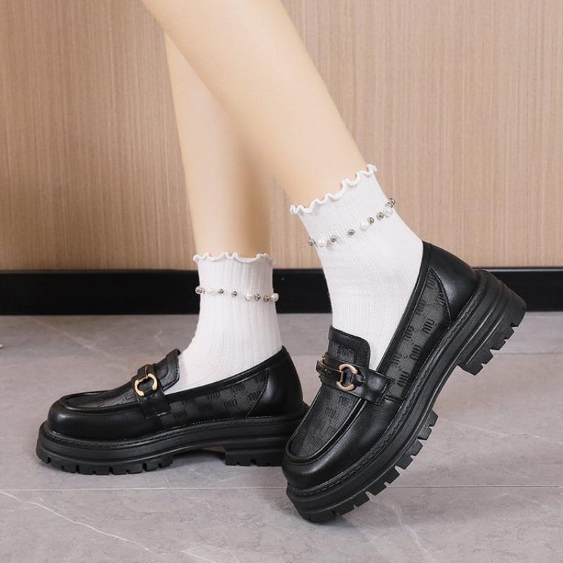 Fashion 2025 New Shoes For Women Ladies Thick Sole Slip On Flats Creepers Leather Platform Shoes Casual Buckle Loafers Shoe British
