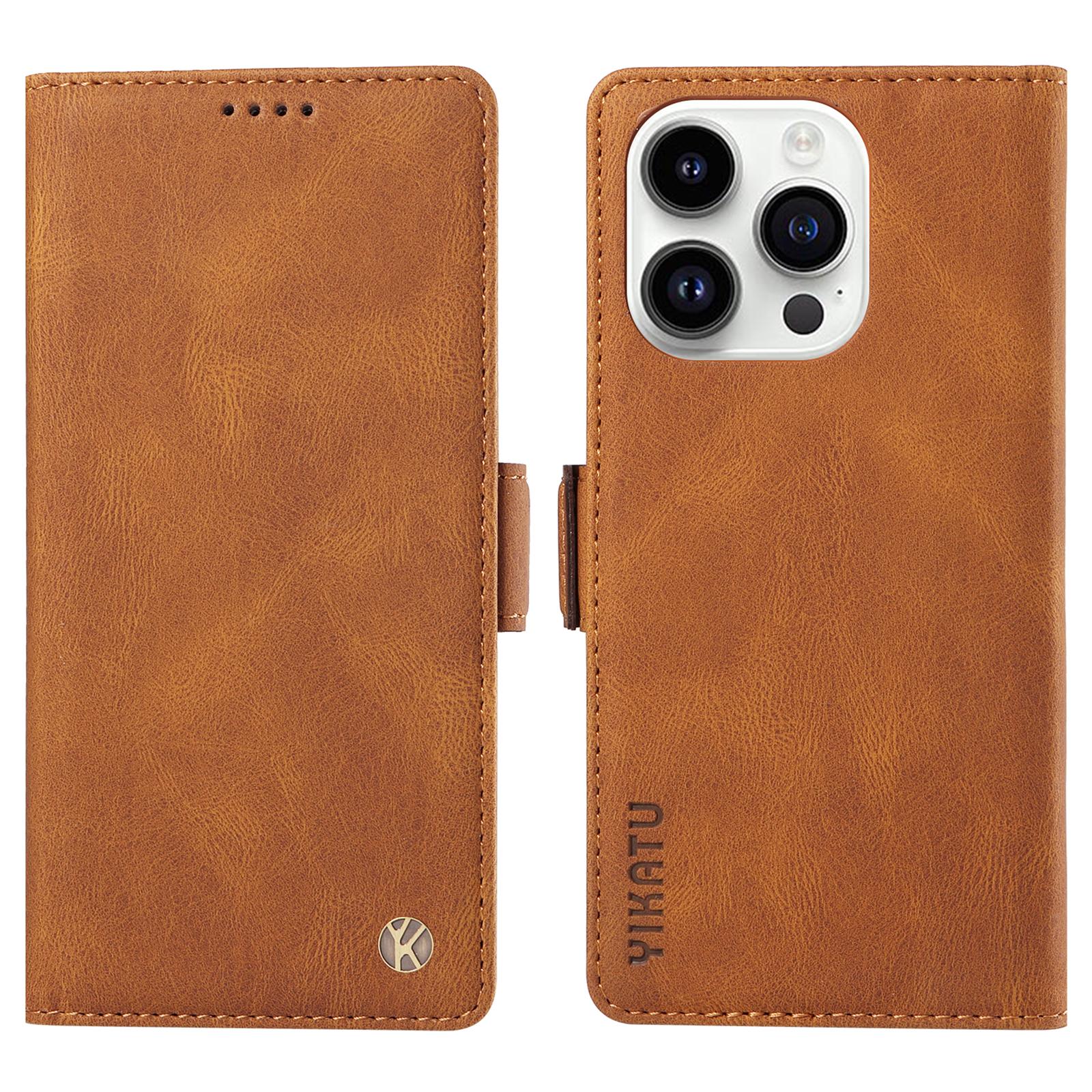 

YIKATU YK-005 for iPhone 14 Pro Folio Flip Cover PU Leather Skin-touch Stand Wallet Phone Case Brown