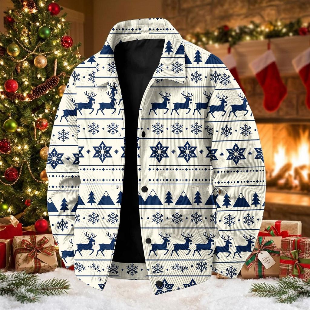 Men's Corduroy Collared Jacket Loose Fit Long Sleeve Casual Top with Christmas Print for Fall and Winter