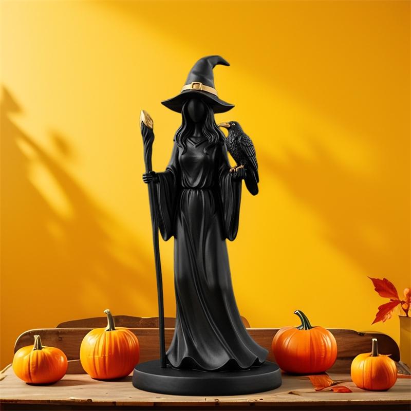 Figurka čarodějnice na Halloween s černým rouchem a zlatou holí Gotická domácí dekorace Socha vrány Pro strašidelnou sváteční výzdobu