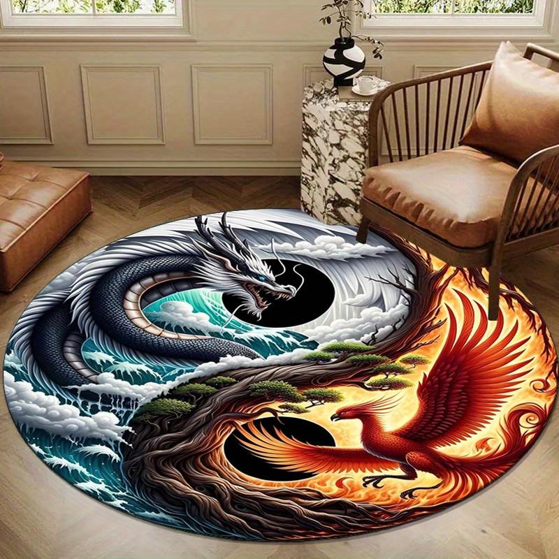 Crystal Velvet Dragon and Phoenix War Printed Round Carpet Chair Round Carpet Suitable for Bedroom Living Room Home Decorative Carpet Anti-s