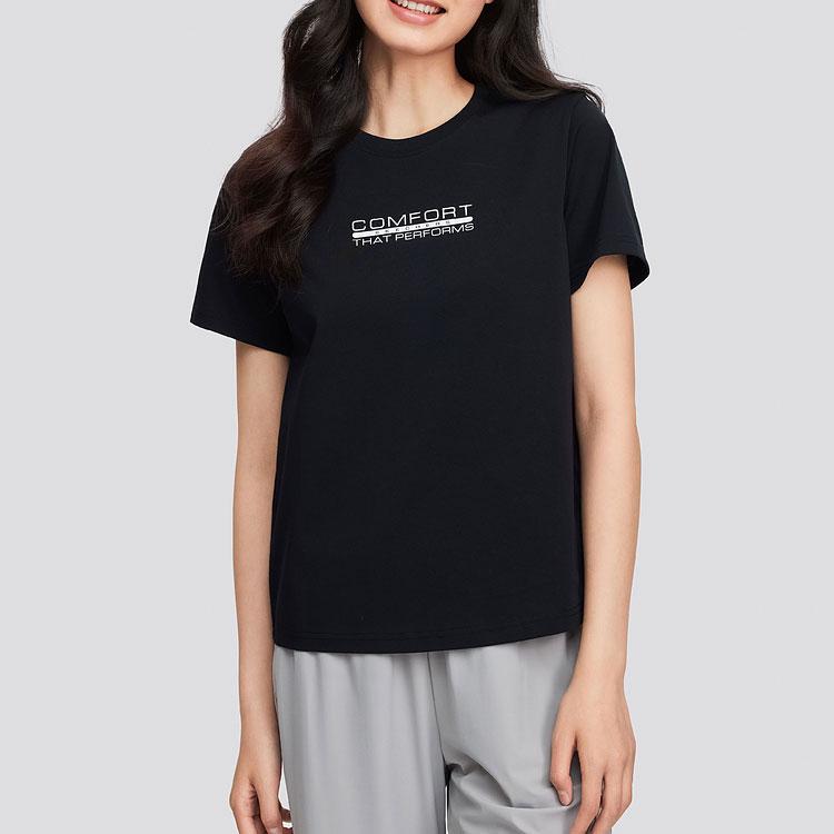 Skechers Letter Print Quick-Dry Breathable Comfortable Round Neck Short Sleeve T-Shirt Women Tops Carbon-Black P224W082-0018