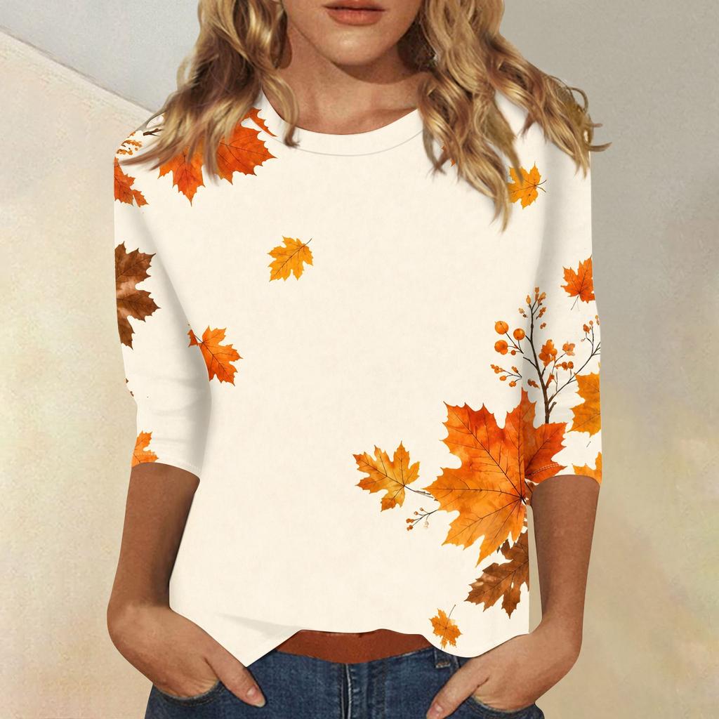 Women's Casual Three-Quarter Sleeve Round Neck Top with Maple Leaf Print for Everyday Wear