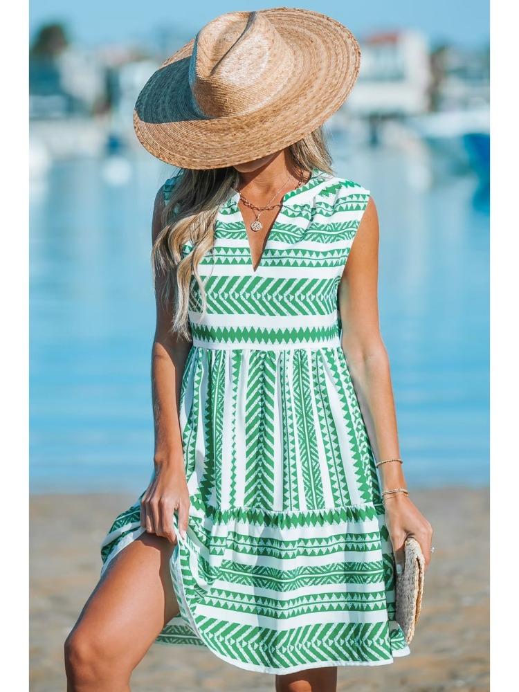 

Summer Urban-style Sleeveless V-neck A-line Skirt Comfortable and Casual Striped Check Mid-length Dress XXL зелений