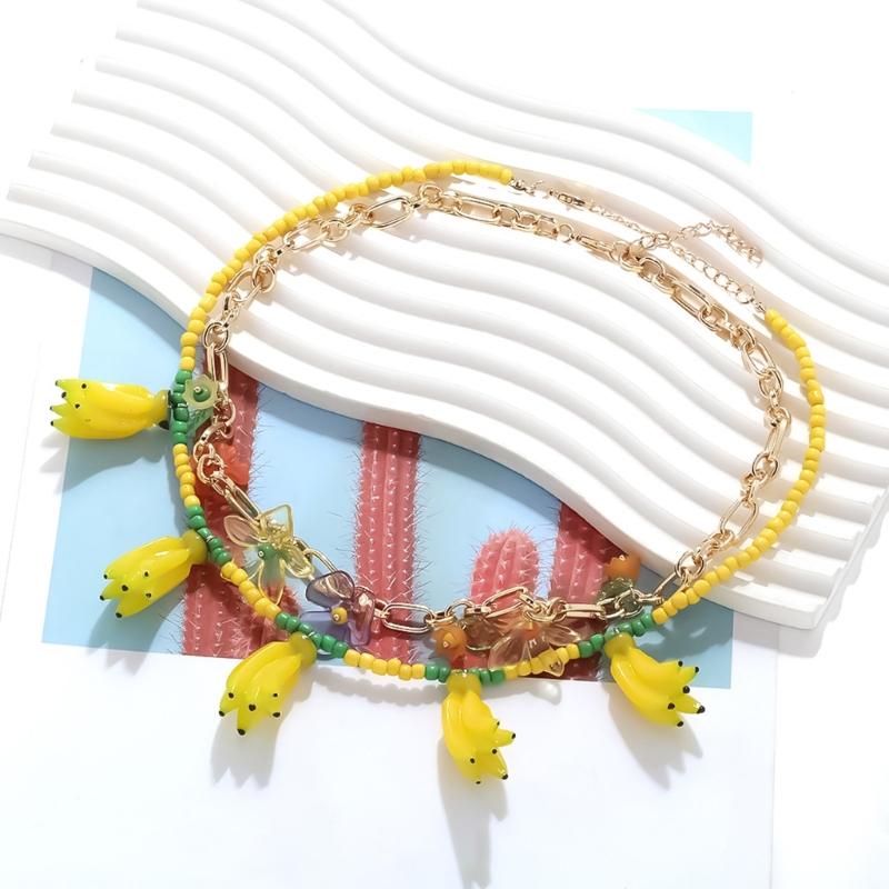 Handgefertigte Perlen Bananenblüte Anhänger Halskette Mehrschichtiger Schmuck Für Frauen Sommer Mode Harzperlen Schichtkette