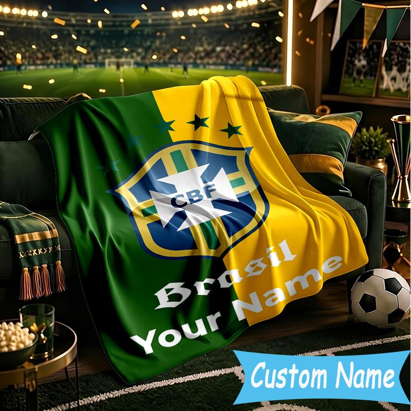 Custom Name Brazilian Football Federation Emblem Flannel Blanket, Use for Birthday/Holiday Gift, Soft Blanket for Sofa/Bed/Camping/Office, Home Decor