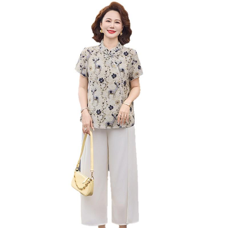 2026 Summer Fashion Plus Size Two-Piece Suit: Short Sleeve T-shirt & Pants for Stylish Middle-Aged and Elderly Moms