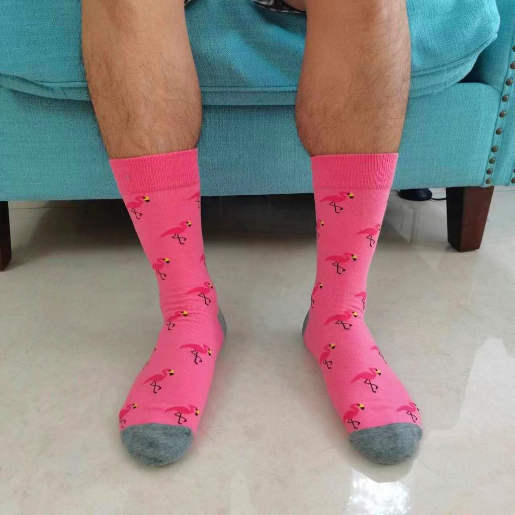 Funny Flamingo Pattern Cotton Men Crew Sock Street Tide Crew Socks Gift Men Husband Cute Street Socks Novelty Funky Pink Black