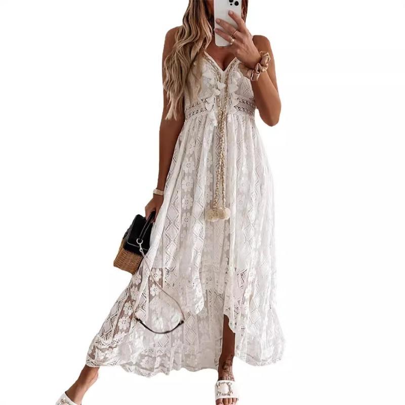 Summer Women's Fashion Temperament V-neck White Lace Irregular Maxi Dress