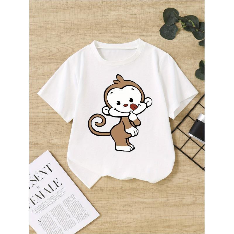 European sizes Kids' Cartoon Print Cotton T-Shirt - Crew Neck, Short Sleeve, Stretchy & Breathable for Sports and Play