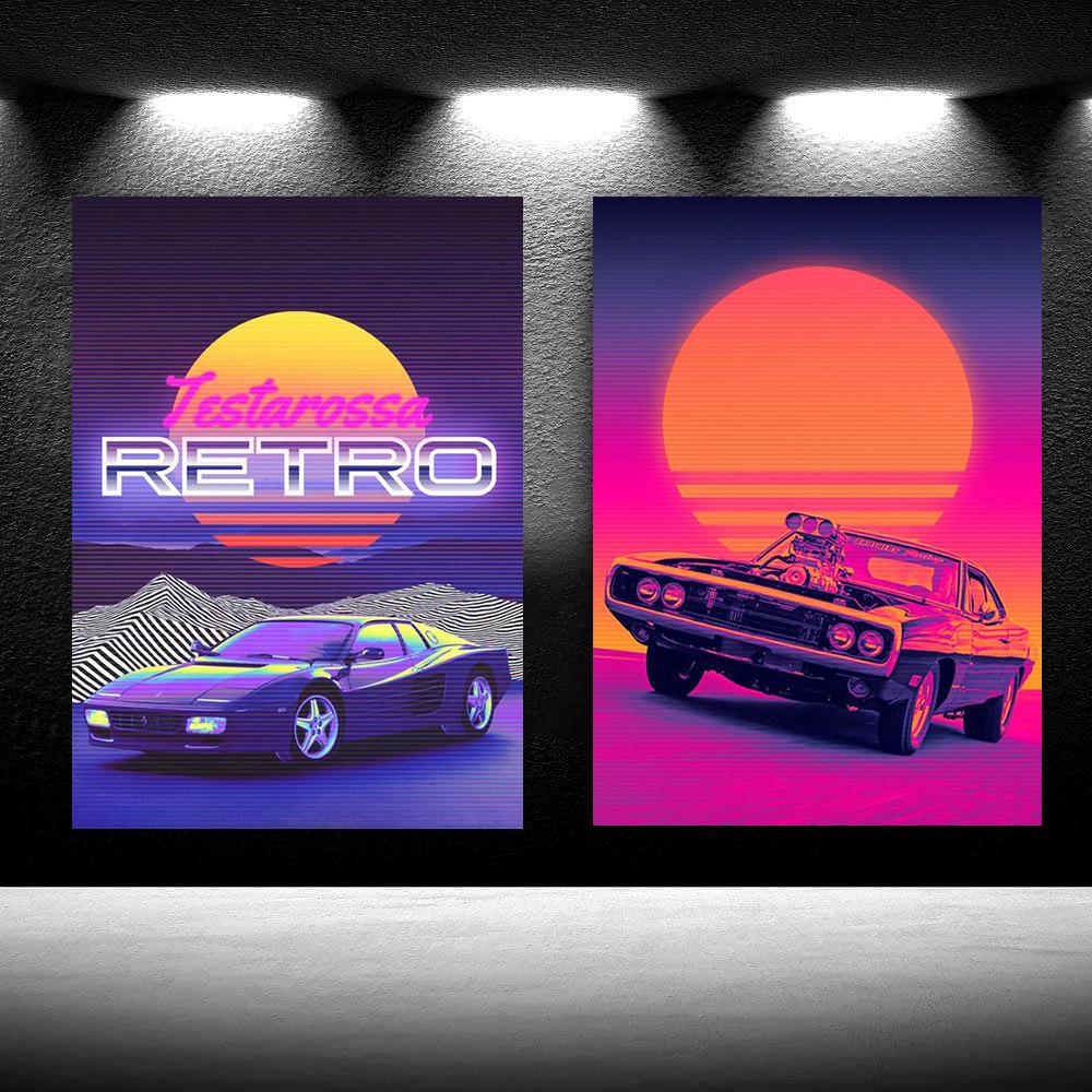 80s City Night CAR HOUSE SUNSET Wall Art 80s Outrun Vaporwave Style Poster Painting Decoration Kawaii Room Decor Canvas Poster