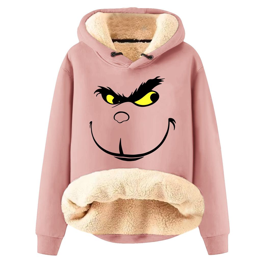 Damska modna bluza z kapturem, ocieplana, gruba, ciepła, z nadrukiem świątecznym, luźna, z kapturem