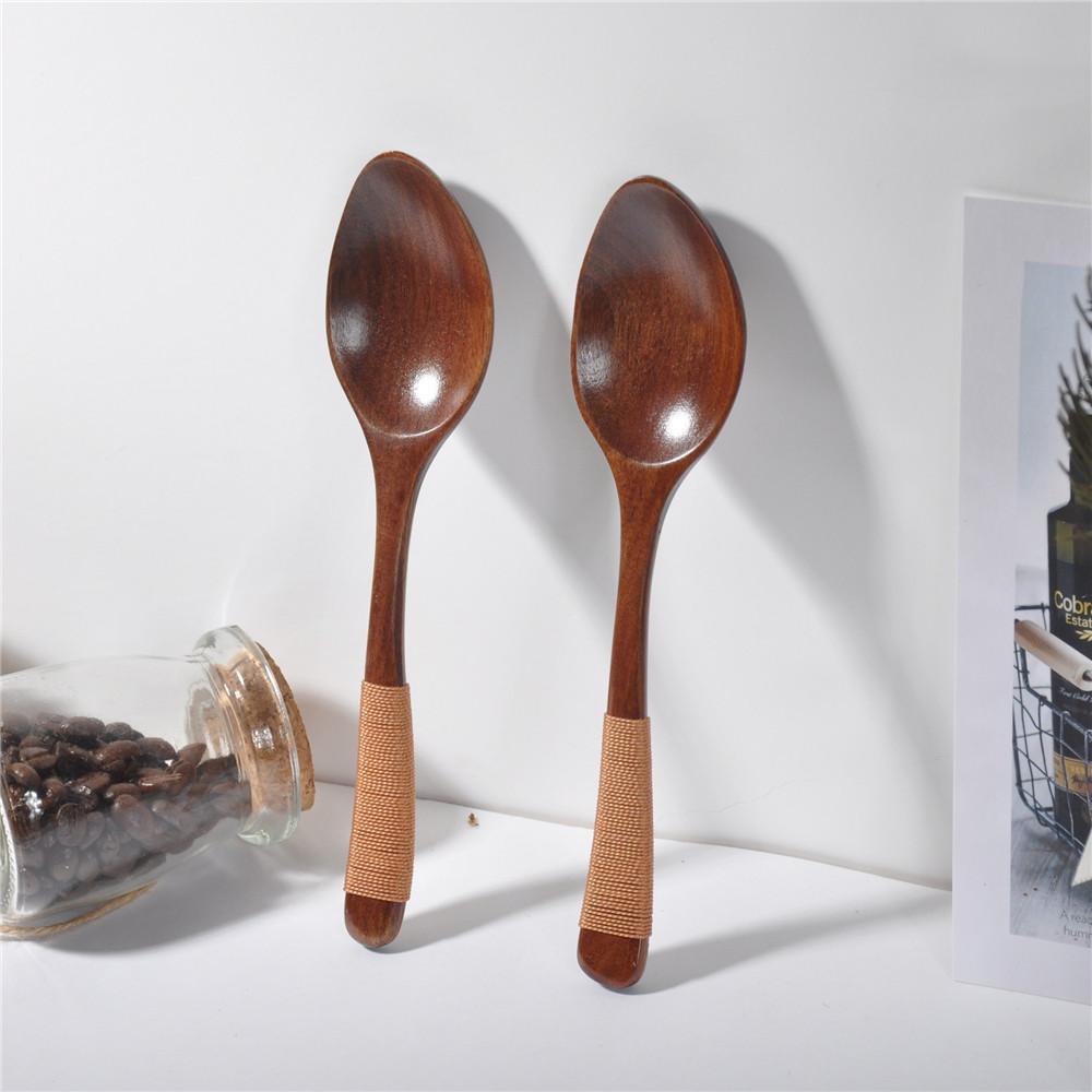 Træske med viklet tråd, Bredmundede Kogeskeer, Køkkenredskabsværktøj, Suppeske, Serveringsske, Bordservice, 18,5cm