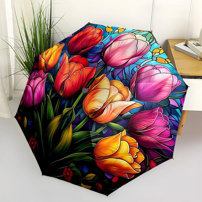 

Color Retro TulipsThemed Automatic Opening and Closing umbrella 8 Ribs, Suitable for Leisure and Going Out, Outdoor Accessory, Gothic Styl