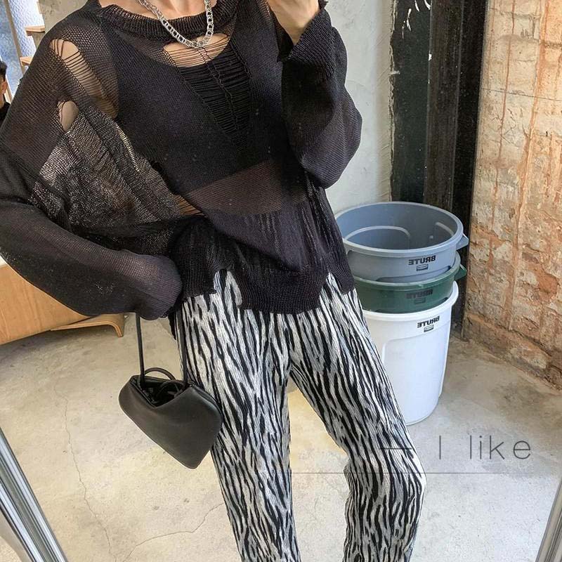 Y2K Schwarz Eis Seide Hohl Dünnen Pullover Damen Langarm Sonnenschutz Top Neue Sexy Lose Kintwear Ripped Bluse Punk stil Pullover