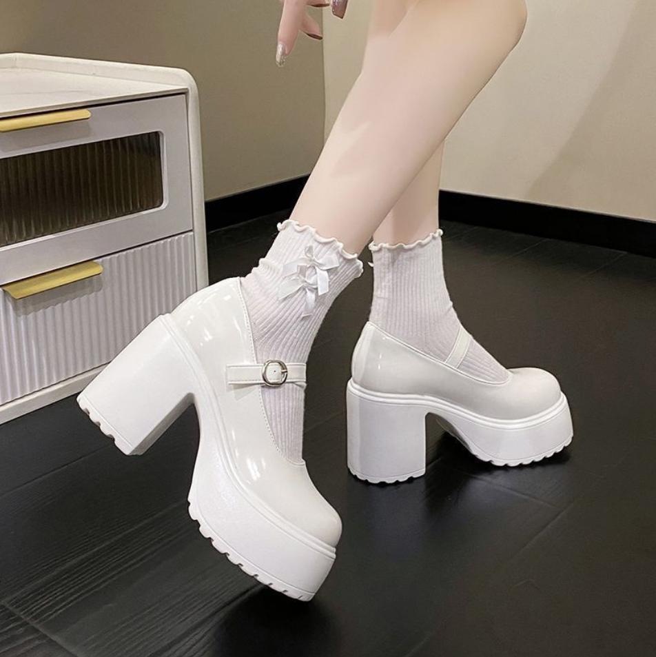 Klobige Plateau-High Heels Pumps Damen Frühling 2025 PU-Leder Knöchelriemen Mary Jane Schuhe Frau Dicke Ferse Weiß Lolita Schuh