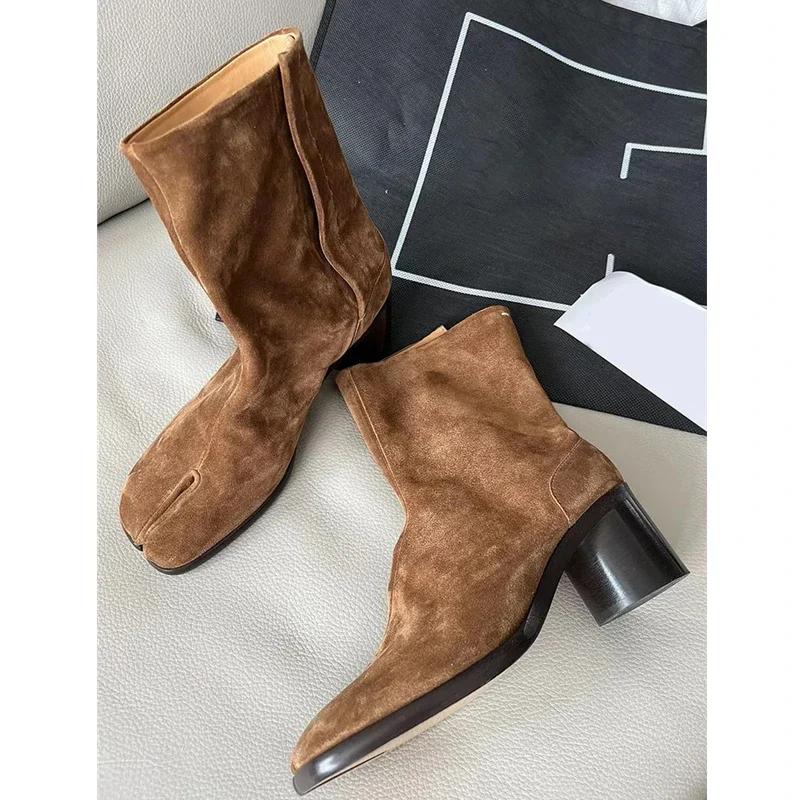 Mode 2024 Herfst Winter Zacht Leer Split teen Tabi Dames Enkellaarsjes Mode Dikke Hoge hakken Chunky Schoenen Ins Stijl Korte Booties