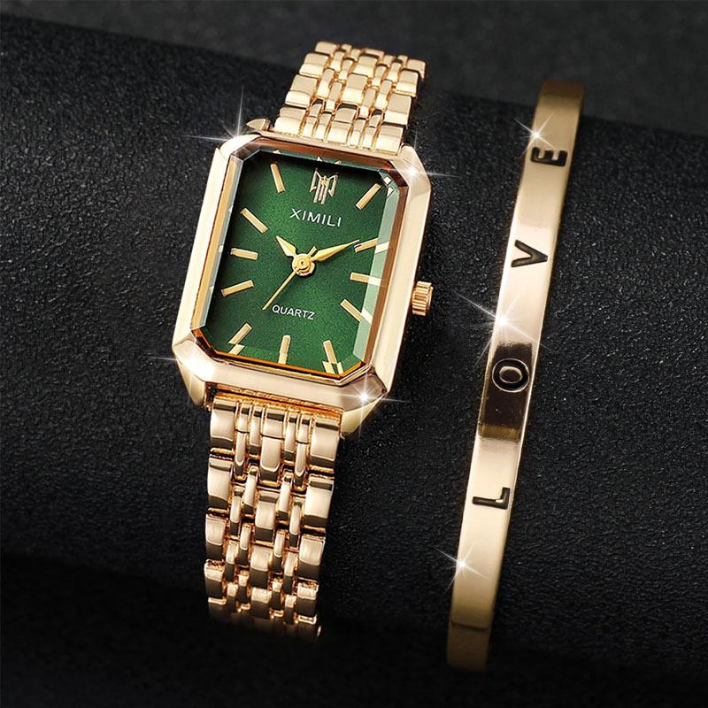 

2 ШТ. Роскошные женские часы с золотым стальным безелем, женские кварцевые часы, набор браслетов с открытой манжетой