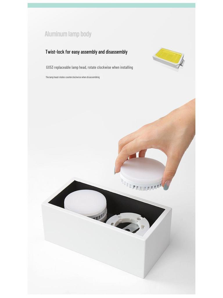 Double-Head GX53 LED Surface-Mounted Downlight, No-Hole, Square Gimbal, Four-Head Ceiling Light for Living Rooms