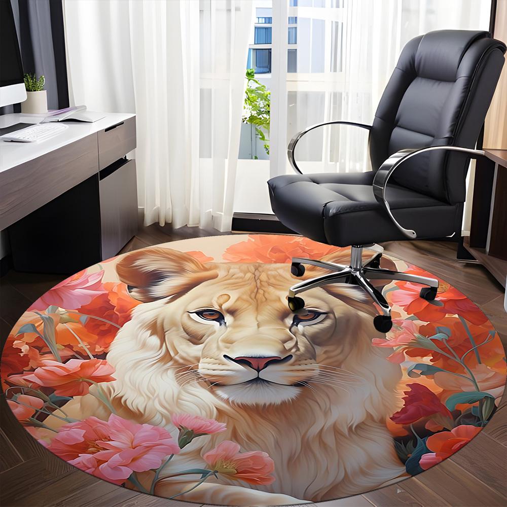 1pc Lion Floral Print Carpet for Office Non-Slip, Round Carpet, Soft & Comfortable, Carpet for Office, Lightweight Round Floor Mat