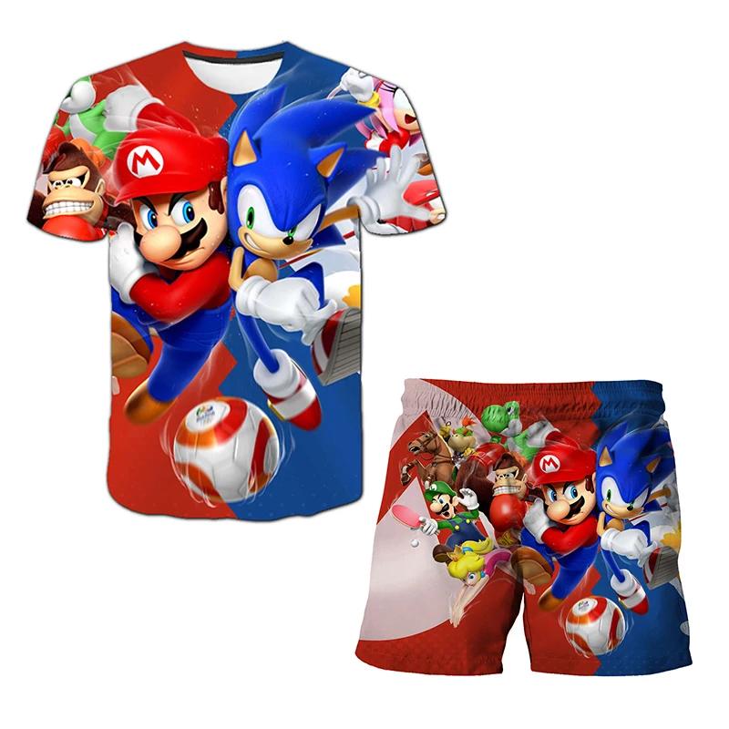 2025 MINISO New boys and girls super sonic Tshirts+shorts  Harajuku Sonic print suit T-shirt + shorts fashion street style children's short sleeves