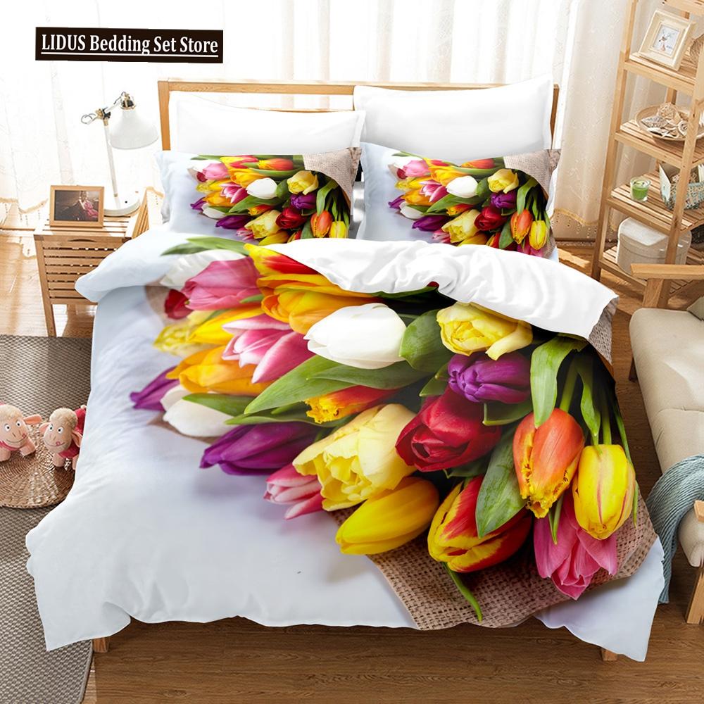 Flowers Bedding Set Colourful Flower Plant Duvet Cover Set King Queen Full Size For Kids Women Girls Polyester Comforter Cover