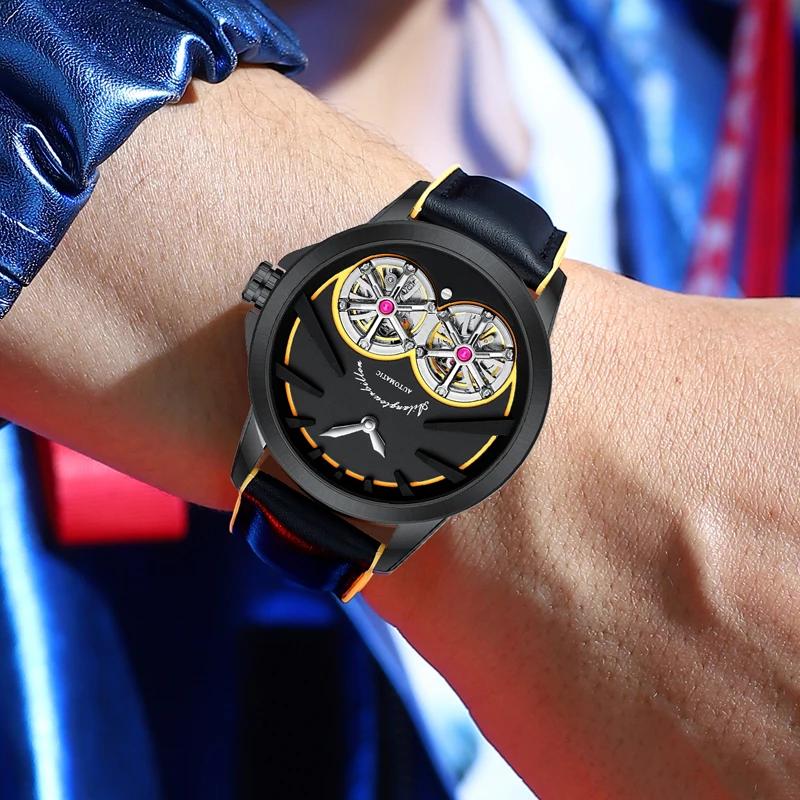 Domed Holographic Glass with Anti Glare AI LANG Fashion Watch Mechanic Automatic Double Tourbillon High-end Leather Wristwatch