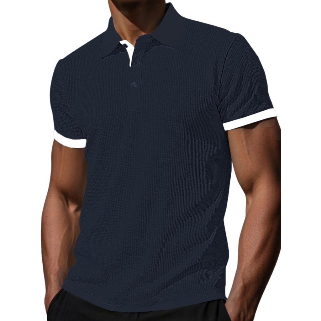 Men's Color Block Shirt Collar Short Sleeve T-shirts, Summer Casual Tops