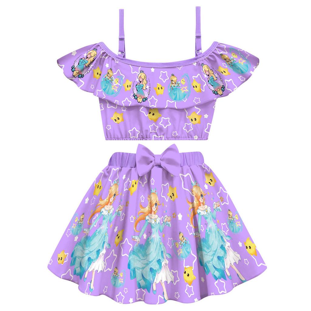 20889 2pcs Kids Girls Princess Rosalina Cartoon Print Swimsuit Swimwear Top Skirt 100cm фиолетовый