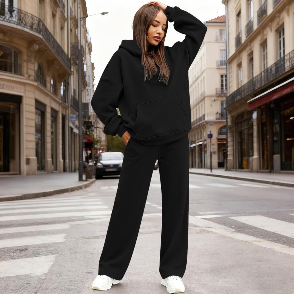 Dámská módní mikina s kapucí volného střihu s kapsami a souprava kalhot podšitých fleecem