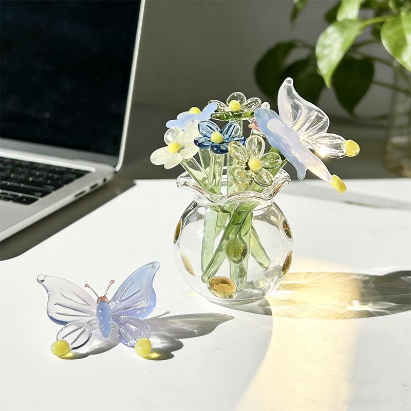 Handcrafted Floral Sculpture Hand-blown Glass Flower Bouquet Vase Mini Floral Decoration For Home Room Handmade Simulation