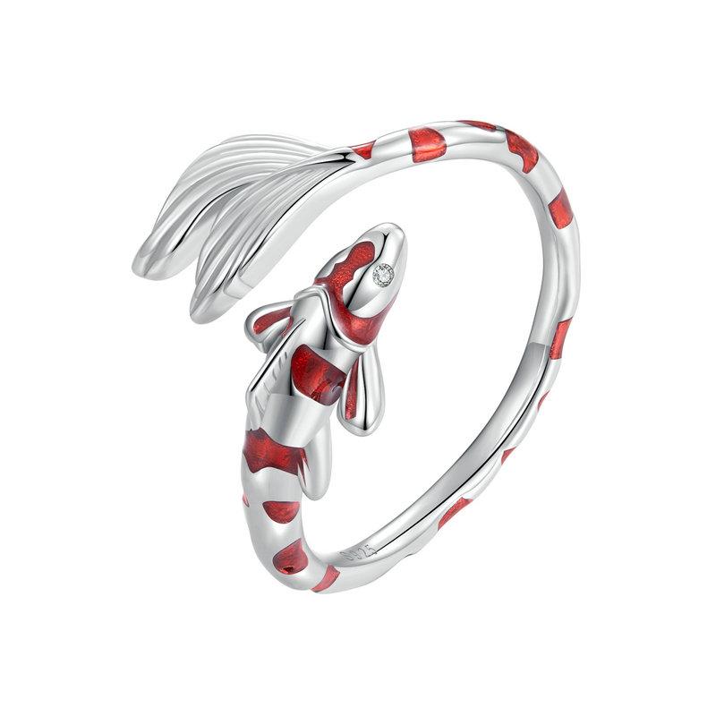 Bamoer 925 Silver Red Enamel Koi Opening Ring Lucky Fish Tail Adjustable Ring for Women Birthday Gift Fine Jewelry